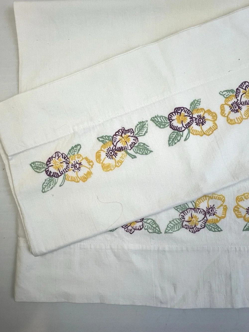 VIntage Stamped Embrodierey Pillow Cases Floral Pansy 30 x 21 White Cotton